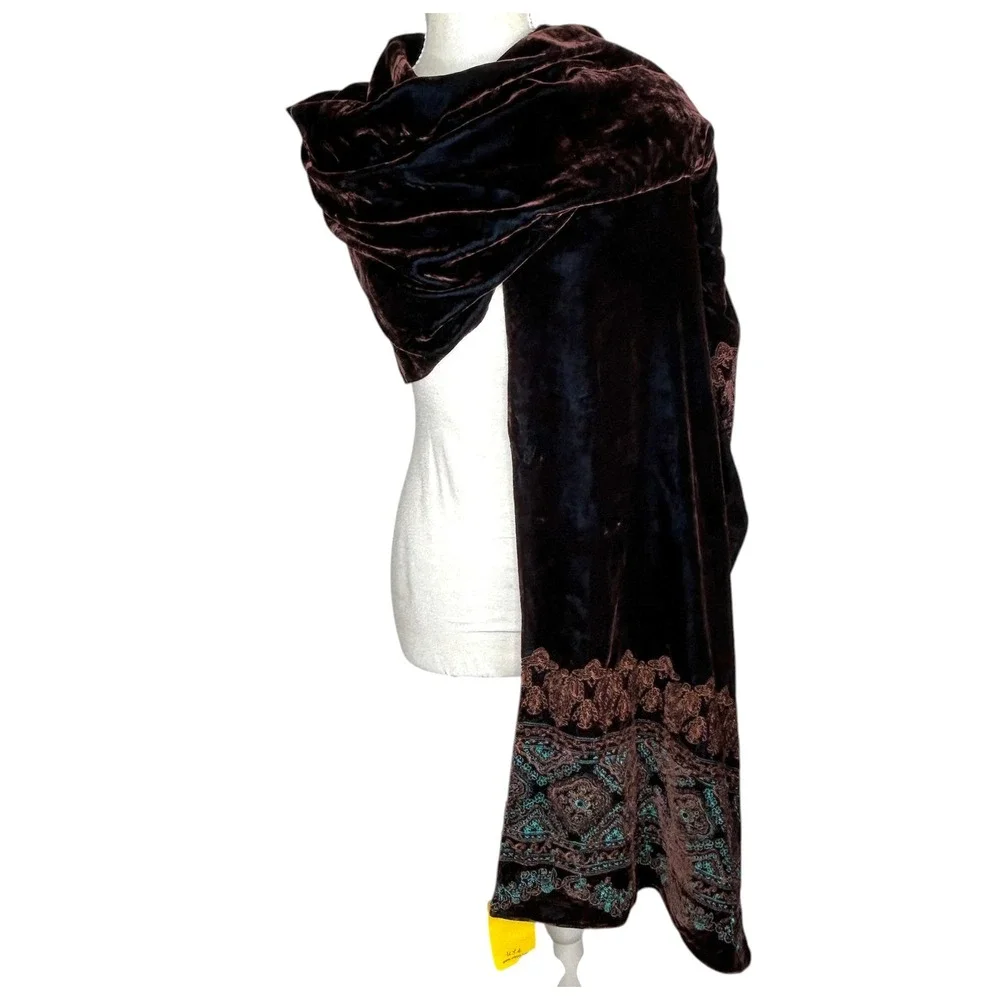 Citron Santa Monica Velvet Scarf Shawl Boho Art To Wear Embroidered‎ 84"x19" NEW - Picture 2 of 14